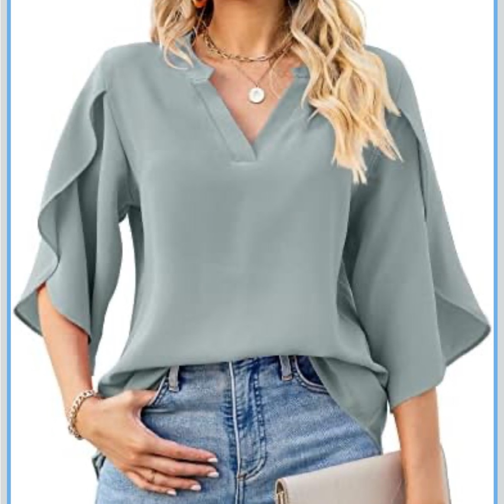 Gray Split-Sleeve V-Neck Blouse
